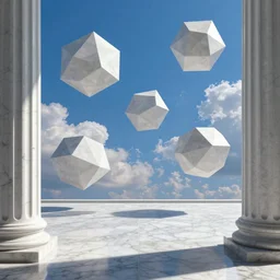 1990s computer graphics rendered as marble floors and pillars, low-polygon floating geometric 3D objects, and a crisp blue sky background with some fluffy realistic clouds