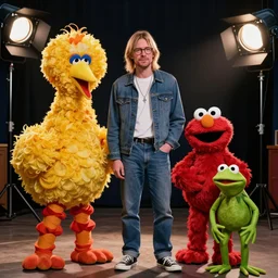 Kurt Cobain at Sesame Street with Big Bird, Elmo and Kermit The Frog, studio lights, sharp detail