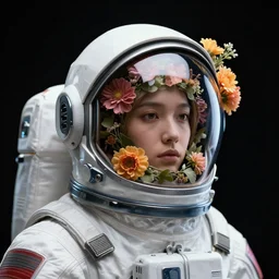 cosmonaut portrait, flowers on helmet, black background, sci - fi, futuristic, 8 k, octane render