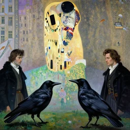 a battle of crows in a medieval city, hyperrealistic film still by edward hopper, by gottfried helnwein, by klimt, by paolo uccello, art nouveau, highly detailed, strong lights, liminal, eerie, metaphysical, bright pastel colors