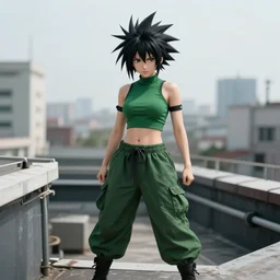 athletic female ninja with spiky anime hair wearing a croptop and baggy pants, hiding in the rooftops, green color scheme, realistic 4k, highly detailed