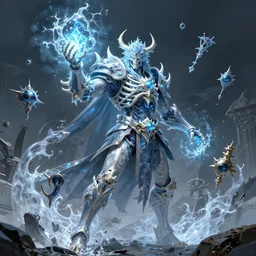fantasy skeleton warrior with icy powers, ultra realistic, wide angle, intricate details, the fifth element artifacts, highly detailed by peter mohrbacher, hajime sorayama, wayne barlowe, boris vallejo, aaron horkey, gaston bussiere, craig mullins