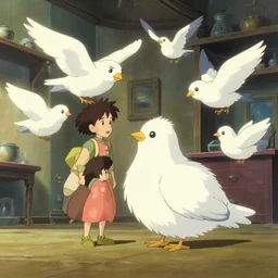 a still frame in anime style, studio ghibli, sci - fi illustration of family morphing into a white fluffy bird, home interior