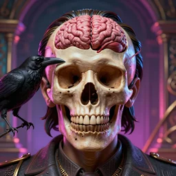a close - up portrait shot of a man with an open skull, with a crow eating the brain, cult dystopian neon environment, intricate, elegant, highly detailed, centered, digital sculpture, artstation, concept art, smooth, sharp focus, artgerm, 8 k rendering, ray tracing, by salvador dali and david cronenberg