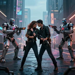 realistic, symmetrical, cyberpunk city, man and women in love in a gunfight with robot police.