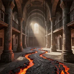 beautiful victorian jail with granite pillars, lava streams, magma, chains hanging from ceiling, light dust, by peter mohrbacher dan mumford craig mullins nekro, cgsociety, pixiv, volumetric light, 3 d render