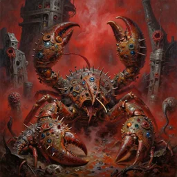 fine art oil painting varied muck jeweled, filthy, doubled, spiked, rugated armored crustaceans clawing & terrified as massive brutalist structures, claustrophobic cilia sporing pox, final battle failure, red mustard gas fog, by 1 9 6 9 walt peregoy, jack gaughan high resolution, hyper detailed, cinematic, ornate masterpiece, torch light