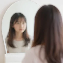 photo from behind, girl looking in a mirror, 3 5 mm, bokeh, soft lighting, colors,