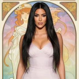 kim kardashian, goth, cute, pastel, anime, smooth, feminine, extra sharp, fashionable, hd, by alphonse mucha, by yoshitaka amano