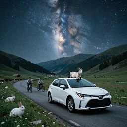 a crossover between a Toyota Corolla and a goat driving on a mountain road, cinematic, the milky way in the sky, 35mm, cinematic, with rabbits in the grass, bicycles near the car