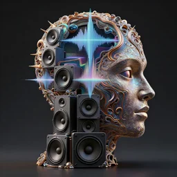 a highly detailed landscape of recursive speakers forming a 3 d head. 🔊 head. amplitude and frequency wave visualisation. iridescent metamorphic synaesthesia. ornate, hyperrealistic, octane render, chiaroscuro, inspired by greg rutkowski, android jones, beeple, shaun tan, frostbite 3 rendered