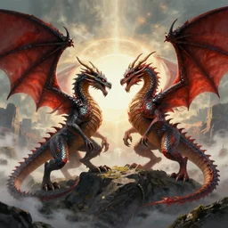 two dueling dragons, vivid