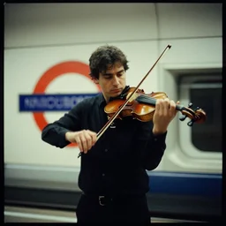photo, violin player, london underground, 5 0 mm f / 1. 4, cinestill 8 0 0,