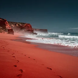 Australian beach, red sand, otherworldly science fiction surrealism landscapes. Waves. Dust. Stars. by Chris Mars.