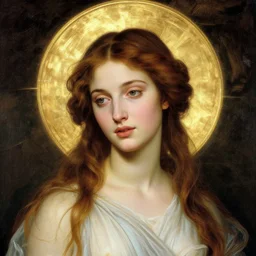 a portrait of a very beautiful goddess with halo behind her head, in the style of WLOP and Nicolas Party and Botticelli