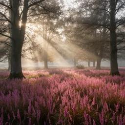 beautiful landscape photography of ashdown forest, misty morning in autumn, sun rays, lpoty, award winning