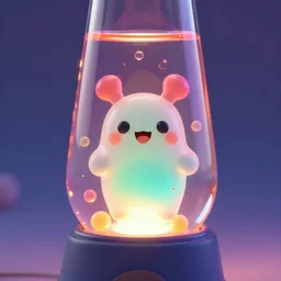 lava lamp, gelatinous cute creature inside, happy, playful, vivid, globules, 8 k, octane render