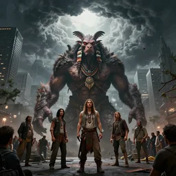 epic indigenous monster creature designed by eytan zana and balazs agoston, jad saber, aaron limonick, pablo dominguez and florent lebrun and robby johnson, chaotic toronto downtown, ominous thunderous cloud sky portal, crowd of panicked bystanders, unreal engine 5, denis villeneuve