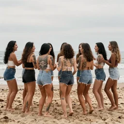 large group of young mixed asian russian women with large back tattoos laughing and playing at the beach