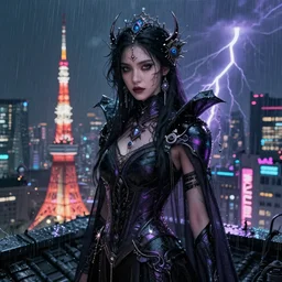 portrait futuristic nefarious cyberpunk female Necromancer, in futuristic rainny thunder flashing tokyo rooftop cyberpunk night, ssci-fi, fantasy, intricate, very very beautiful, elegant, neon light, highly detailed, digital painting, artstation, concept art, soft light, hdri, smooth, sharp focus, illustration, art by tian zi and craig mullins and WLOP and alphonse mucha