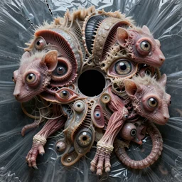 a high resolution photo of a complex creature, grown together various animal eyes, hairless veins wrinkles morphing nature documentary, cracked plastic wrap, gills morph scales merged in fur skin, wrinkled muscles skin, veins merged feet head, displacement, black hole, distorted animal head face eyes arms tail
