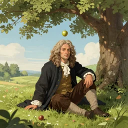 Isaac Newton sitting on a grassy hill in a field underneath a tree, glitter fruit hitting his head and splashing all over his body, trending on artstation, digital art