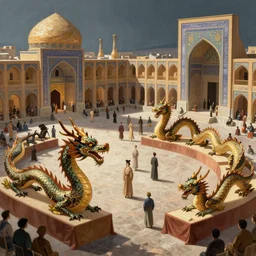 a concept art matte painting in the style of orientalism of dragons on display in a dragon auction in the grand bazaar of isfahan by greg rutkowski and edwin lord weeks