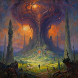 beautiful vivid dangerous alien landscape with evil looming, by roger dean, by anton fadeev, by albert bierstadt, magical realism, oil on canvas, soft render, octane, artstation