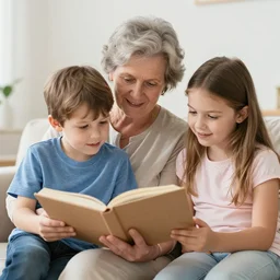 a grandmother reading a book to her grandson and granddaughter