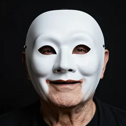 high contrast studio close - up portrait of a wrinkled old man wearing a pulcinella mask, clear eyes looking into camera, baggy clothing and hat, backlit, dark mood, nikon, photo by kenneth willardt, masterpiece