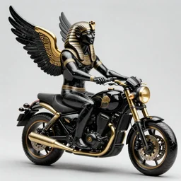 fine art statue of masculine black egyptian god on a surrealist motorcycle, ebony art deco, carved black marble, inlaid with ebony and gold accents, ebony rococo, wings black lace wear, sculpted by spider zero, zaha hadid, beautifully lit, hyper detailed, intricate, elite, ornate, photorealistic, micro details, 3 d sculpture, ray trace