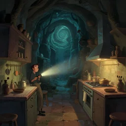 naive nerikomi, weird perspective, extra narrow, detailed illustration of a kitchen dim lit by flashlight in a scenic spiral environment by anton fadeev from lorax movie, trending artstation