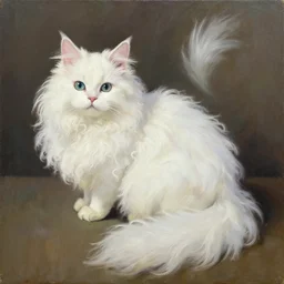 oil painting of bunny-cat hybrid with long curly white fluffy fur and extra long tail, by Hayao Miyazaki
