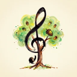 abstract single line drawing of an acorn growing into a tree in shape of treble clef, splash of color, grainy vintage illustration
