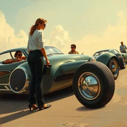 retro futuristic concept cars, low profile tires, detailed chrome trim, jodhpurs greg manchess painting by sargent and leyendecker, cyberpunk 2 0 7 7 concept intricate elegant illustration forza, by greg rutkowski by greg tocchini by james gilleard