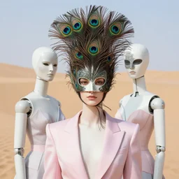 robots in peacock feathers mask, perfect face, sharp focus, directed gaze, haute couture, editorial photoshoot, pastel colors, vivid, fashion photography, sand dunes, portrait photography, 8 k hd in the style of zdzisław beksinski