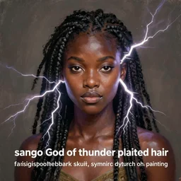 “sango God of thunder plaited hair lightning facial details proportionate dark skinned symmetrical digital art oil painting”