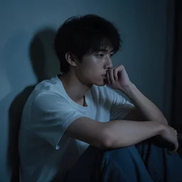 guy sitting up late and night thinking about life, gloomy atmosphere, slice of life,