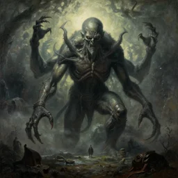 inconceivable otherworldly massive cthulu god rising from a grim landscape, epic painting by vermeer!!!!!!!!!!. elder god lovecraft mythology
