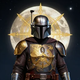 the mandalorian surrounded by starlight, moon behind him, thai yantra lacquer gilded, fantasy, intricate, elegant, hyper detailed, ultra definition, photoreal, artstation, unreal engine rendered, concept art, smooth, sharp focus, illustration, art by artgerm and greg rutkowski and alphonse mucha and garis edelweiss