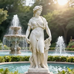 photo of a beautiful greek statue in a garden surrounded by fountains, 4 k, hyper realistic, lens flare, octane render, hyper detailed, accurate proportions