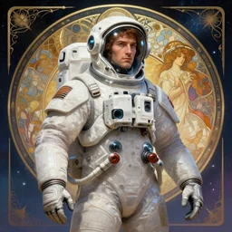 portrait of a techno wizard astronaut, fantasy, intricate, elegant, highly detailed, digital painting, artstation, smooth, sharp focus, illustration, epic cosmic background, art by artgerm, alphonse mucha, epic cosmic background, erak note, eddie mendoza, christophe young, craig mullins, evan lee, silvain sarrailh, dao trong le, kan liu, character design, trending on artstation