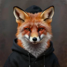 oil painting portrait of anthropomorphic female fox animal dressed in black hoodie, fox animal, general hat, oil painting, angry
