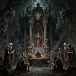a lovecraftian painting of a demonic shrine, occult, cult members evil ritual, cosmic horror elements, ultra realistic, concept art, intricate details, eerie, highly detailed, photorealistic, octane render, 8 k, unreal engine. art by artgerm and greg rutkowski and alphonse mucha