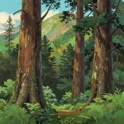 Sequoia park in a colorful moutain with beautiful trees , no people, morning, by studio ghibli painting, superior quality, masterpiece,  traditional Japanese colors, concept art