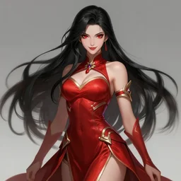 a highly detailed illustration of beautiful long hime cut black hair woman wearing a red battle dress, red eyes, dramatic smile pose, intricate, elegant, highly detailed, centered, digital painting, artstation, concept art, smooth, sharp focus, league of legends concept art, WLOP