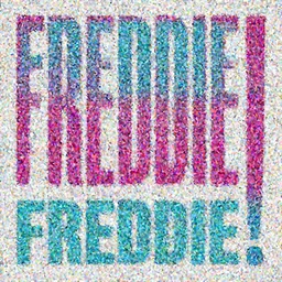 typographic text for FREDDIE!, magenta and cyan lettering, bright colors, typography graphic design