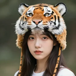 a beautiful girl wearing a hat that looks like a tiger head, hyper realistic, hyper detailed, by eliot kohek
