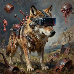 junky wolf male, cybertronic gadgets and vr helmet, sparks, flesh + technology, durty colours, mid shot, rotten textures, rusty shapes, ralph meyer, biotechnology, norman rockwell, tim hildebrandt, viktor safonkin, dariusz zawadzki, bruce pennington, larry elmore, intricate details, hyperrealistic oil painting on canvas, deep depth field