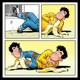 charles manson slipping on a banana peel, 3 panel bizarro comic strip by piraro